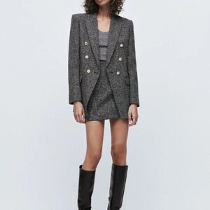 Zara Boucle textured Black Textured Double-breasted Jacket Blazer Small
